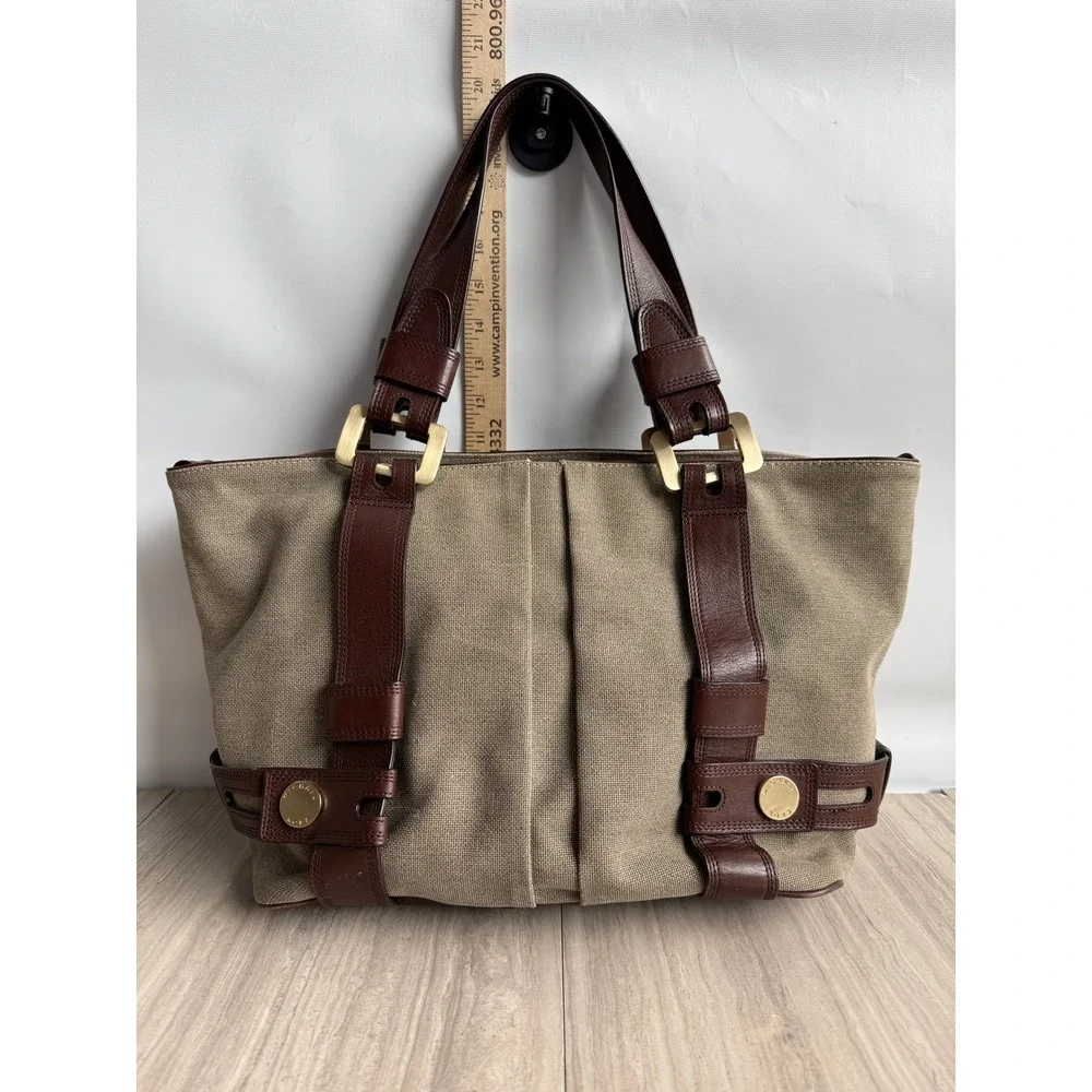 Vintage Michael Kors Canvas Leather Harness Tote Bag Beige Brown Boho Equestrian - Picture 1 of 12